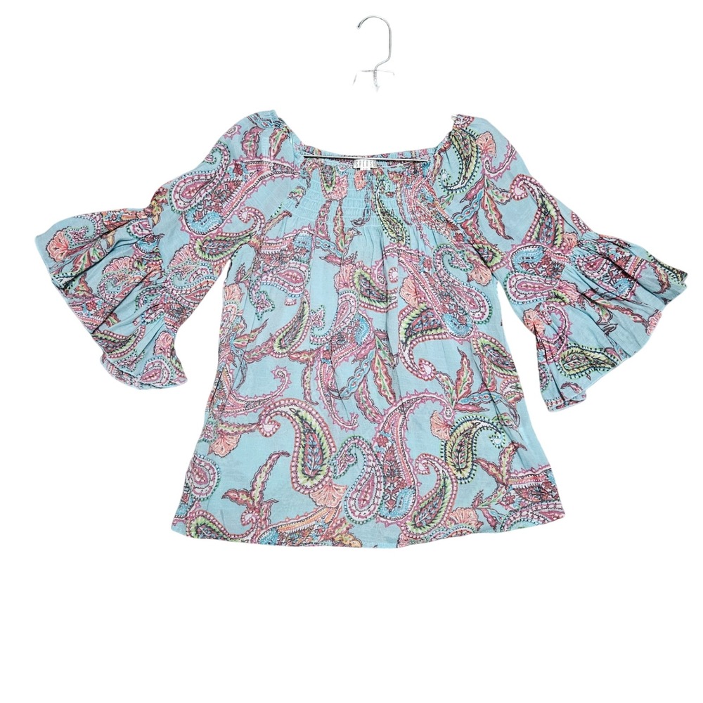 Spense Boho Blouse Womens Sm Blue Paisley Smocked Bell Sleeve Tiered Lightweight
